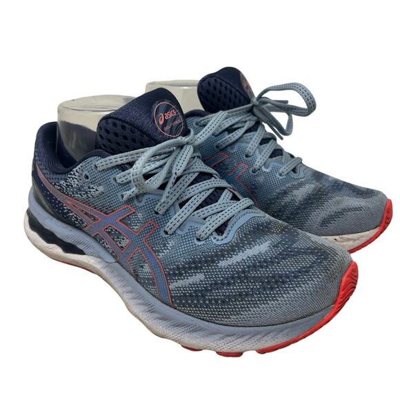 Asics Gel Nimbus Running Sneaker in Mist and Blazing Coral 7 - Picture 1 of 6